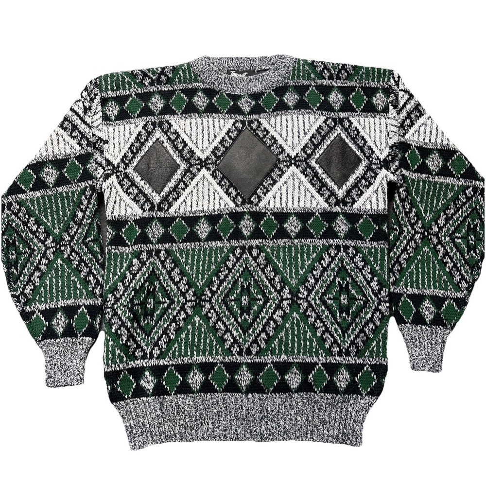 VTG Impact Sweater Mens Medium Geometric Knit Acrylic Leather Patch's 90s Preppy